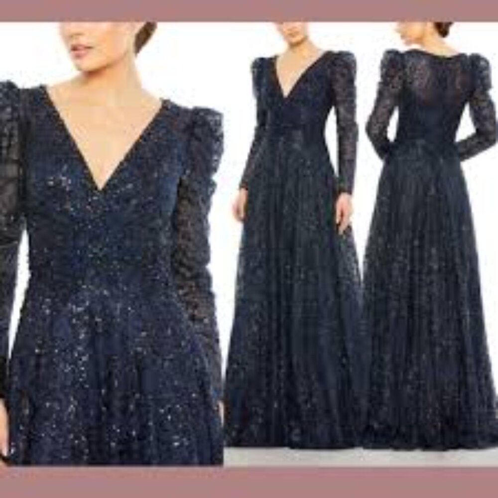 Mac Duggal midnight blue black lace beaded ball gown dress size 12
